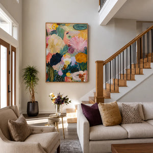 Pink Fan Flowers and Golden Blooms Wall Art styled interior scene 4 | OILDECO