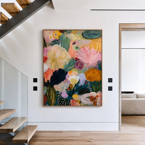 Pink Fan Flowers and Golden Blooms Wall Art styled interior scene 5 | OILDECO