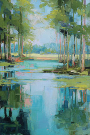 Turquoise Pond beneath Green Trees Wall Art artwork view | OILDECO