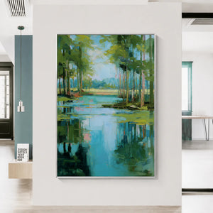 Turquoise Pond beneath Green Trees Wall Art styled interior scene 2 | OILDECO