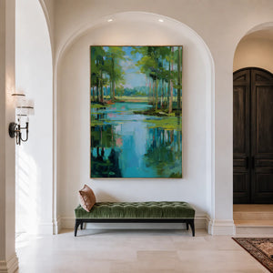 Turquoise Pond beneath Green Trees Wall Art styled interior scene 3 | OILDECO