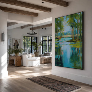 Turquoise Pond beneath Green Trees Wall Art styled interior scene 4 | OILDECO