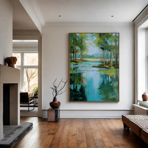 Turquoise Pond beneath Green Trees Wall Art styled interior scene 5 | OILDECO