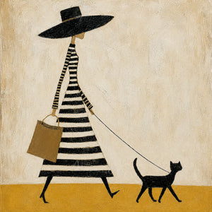 Striped Dress and Black Cat Stroll Wall Art artwork view | OILDECO