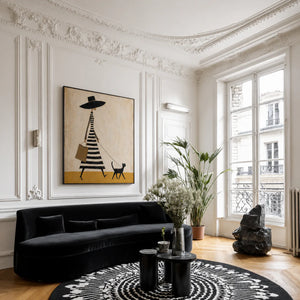 Striped Dress and Black Cat Stroll Wall Art styled interior scene 2 | OILDECO