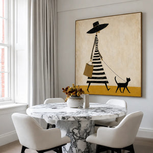 Striped Dress and Black Cat Stroll Wall Art styled interior scene 3 | OILDECO