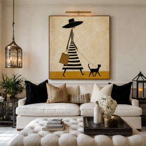 Striped Dress and Black Cat Stroll Wall Art styled interior scene 4 | OILDECO