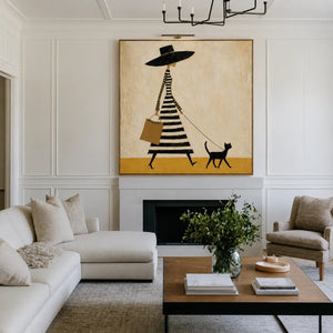 Striped Dress and Black Cat Stroll Wall Art styled interior scene 5 | OILDECO