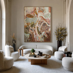 Winding Ivory Lines over Blush and Earth Abstract Wall Art styled interior scene 1 | OILDECO