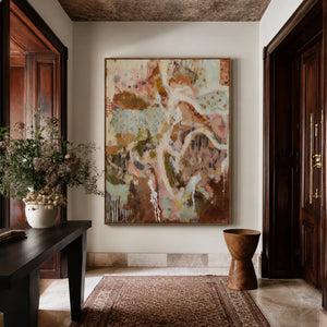 Winding Ivory Lines over Blush and Earth Abstract Wall Art styled interior scene 2 | OILDECO