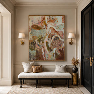 Winding Ivory Lines over Blush and Earth Abstract Wall Art styled interior scene 3 | OILDECO