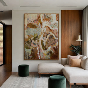 Winding Ivory Lines over Blush and Earth Abstract Wall Art styled interior scene 5 | OILDECO
