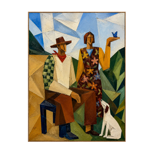 Geometric Pair with a White Dog and Blue Bird Wall Art | OILDECO