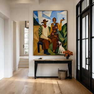 Geometric Pair with a White Dog and Blue Bird Wall Art styled interior scene 1 | OILDECO