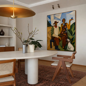 Geometric Pair with a White Dog and Blue Bird Wall Art styled interior scene 2 | OILDECO