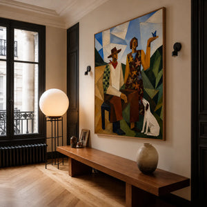 Geometric Pair with a White Dog and Blue Bird Wall Art styled interior scene 3 | OILDECO