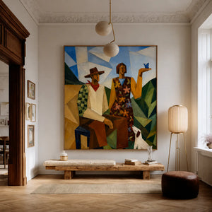 Geometric Pair with a White Dog and Blue Bird Wall Art styled interior scene 4 | OILDECO