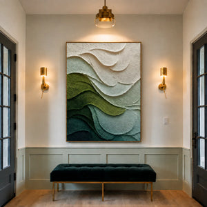 Layered Green and Ivory Waves Abstract Wall Art styled interior scene 1 | OILDECO