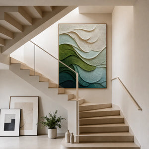 Layered Green and Ivory Waves Abstract Wall Art styled interior scene 2 | OILDECO