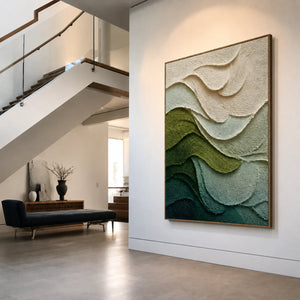 Layered Green and Ivory Waves Abstract Wall Art styled interior scene 3 | OILDECO