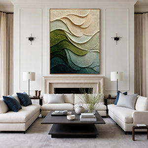 Layered Green and Ivory Waves Abstract Wall Art styled interior scene 4 | OILDECO