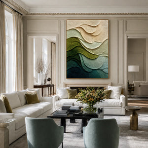 Layered Green and Ivory Waves Abstract Wall Art styled interior scene 5 | OILDECO