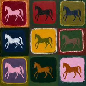 Nine Colorful Horses in a Painted Grid Wall Art artwork view | OILDECO