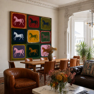 Nine Colorful Horses in a Painted Grid Wall Art styled interior scene 1 | OILDECO