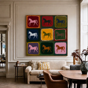 Nine Colorful Horses in a Painted Grid Wall Art styled interior scene 3 | OILDECO