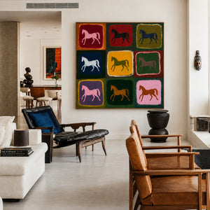 Nine Colorful Horses in a Painted Grid Wall Art styled interior scene 4 | OILDECO