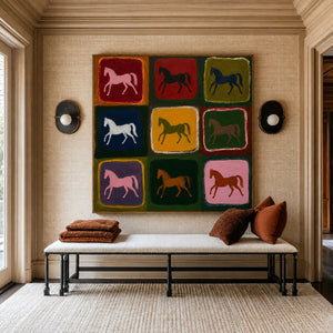 Nine Colorful Horses in a Painted Grid Wall Art styled interior scene 5 | OILDECO