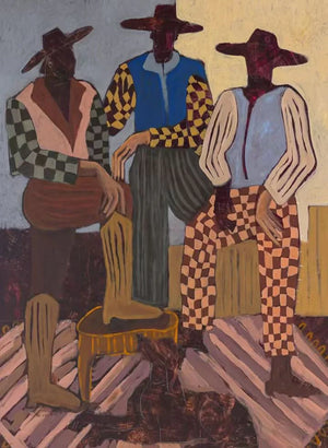 Patterned Trio with Rust Checkered Trousers Wall Art artwork view | OILDECO
