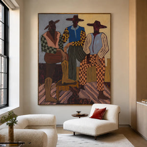 Patterned Trio with Rust Checkered Trousers Wall Art styled interior scene 1 | OILDECO