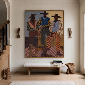 Patterned Trio with Rust Checkered Trousers Wall Art styled interior scene 2 | OILDECO