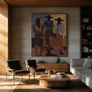 Patterned Trio with Rust Checkered Trousers Wall Art styled interior scene 3 | OILDECO