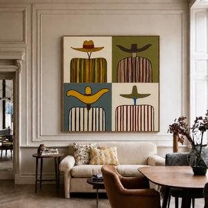 Four Wide Hats and Striped Figures Grid Wall Art styled interior scene 3 | OILDECO