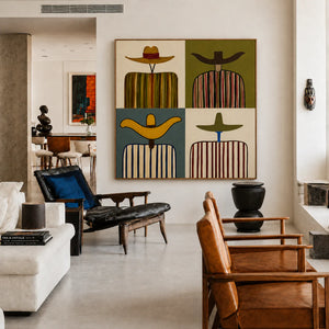 Four Wide Hats and Striped Figures Grid Wall Art styled interior scene 4 | OILDECO