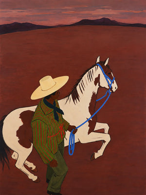 Figure and Pinto Horse beneath a Rust Sunset Wall Art artwork view | OILDECO