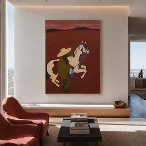 Figure and Pinto Horse beneath a Rust Sunset Wall Art styled interior scene 1 | OILDECO