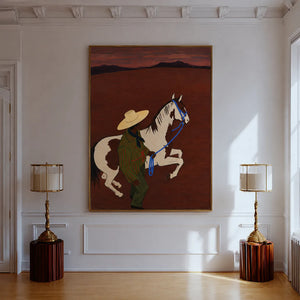 Figure and Pinto Horse beneath a Rust Sunset Wall Art styled interior scene 2 | OILDECO