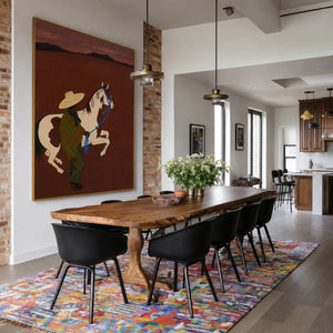 Figure and Pinto Horse beneath a Rust Sunset Wall Art styled interior scene 4 | OILDECO