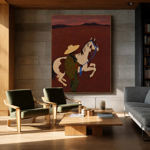 Figure and Pinto Horse beneath a Rust Sunset Wall Art styled interior scene 5 | OILDECO
