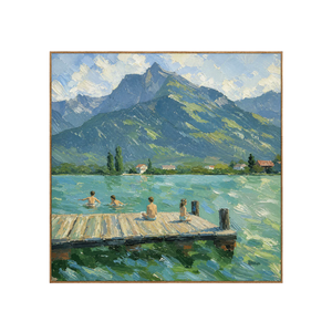 Mountain Lake with Swimmers and a Wooden Dock Wall Art | OILDECO