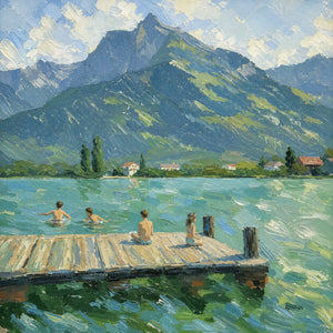 Mountain Lake with Swimmers and a Wooden Dock Wall Art artwork view | OILDECO