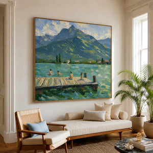 Mountain Lake with Swimmers and a Wooden Dock Wall Art styled interior scene 1 | OILDECO