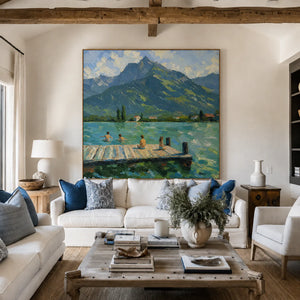 Mountain Lake with Swimmers and a Wooden Dock Wall Art styled interior scene 2 | OILDECO