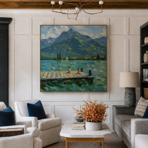 Mountain Lake with Swimmers and a Wooden Dock Wall Art styled interior scene 3 | OILDECO