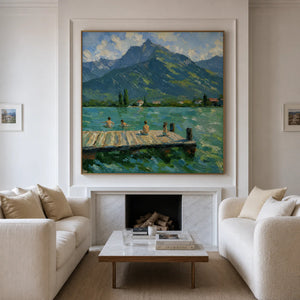 Mountain Lake with Swimmers and a Wooden Dock Wall Art styled interior scene 4 | OILDECO