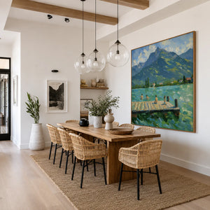 Mountain Lake with Swimmers and a Wooden Dock Wall Art styled interior scene 5 | OILDECO