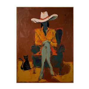 Seated Figure in Ochre with a Black Cat Wall Art | OILDECO